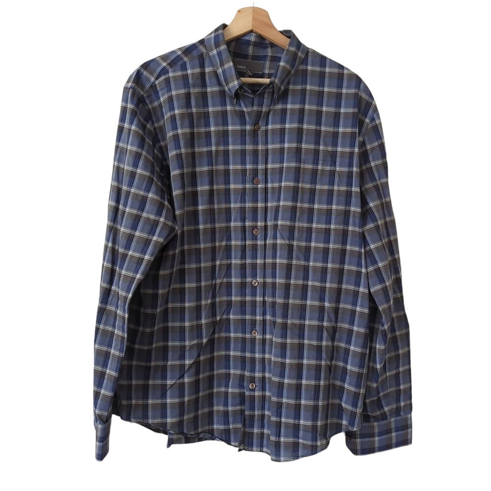 Vince Mens Shirt Size XL Button Down Plaid Long Sleeve Cotton Blue Gray